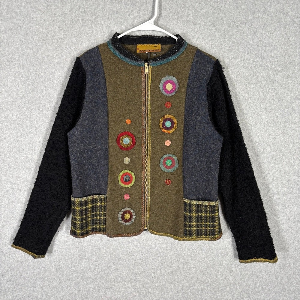 Artclothes Wool Cardigan XS Boiled Felted Applique Fuzzy Artsy Crafty‎ Art Wear